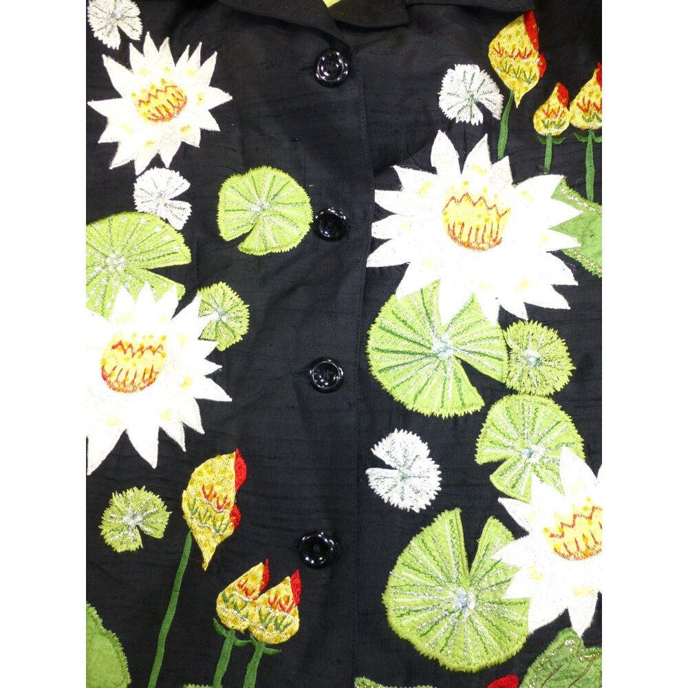 Handcrafted Tunic Nights Black Silk Jacket With Embroidered Lotus Flowers & Gree - Picture 4 of 11